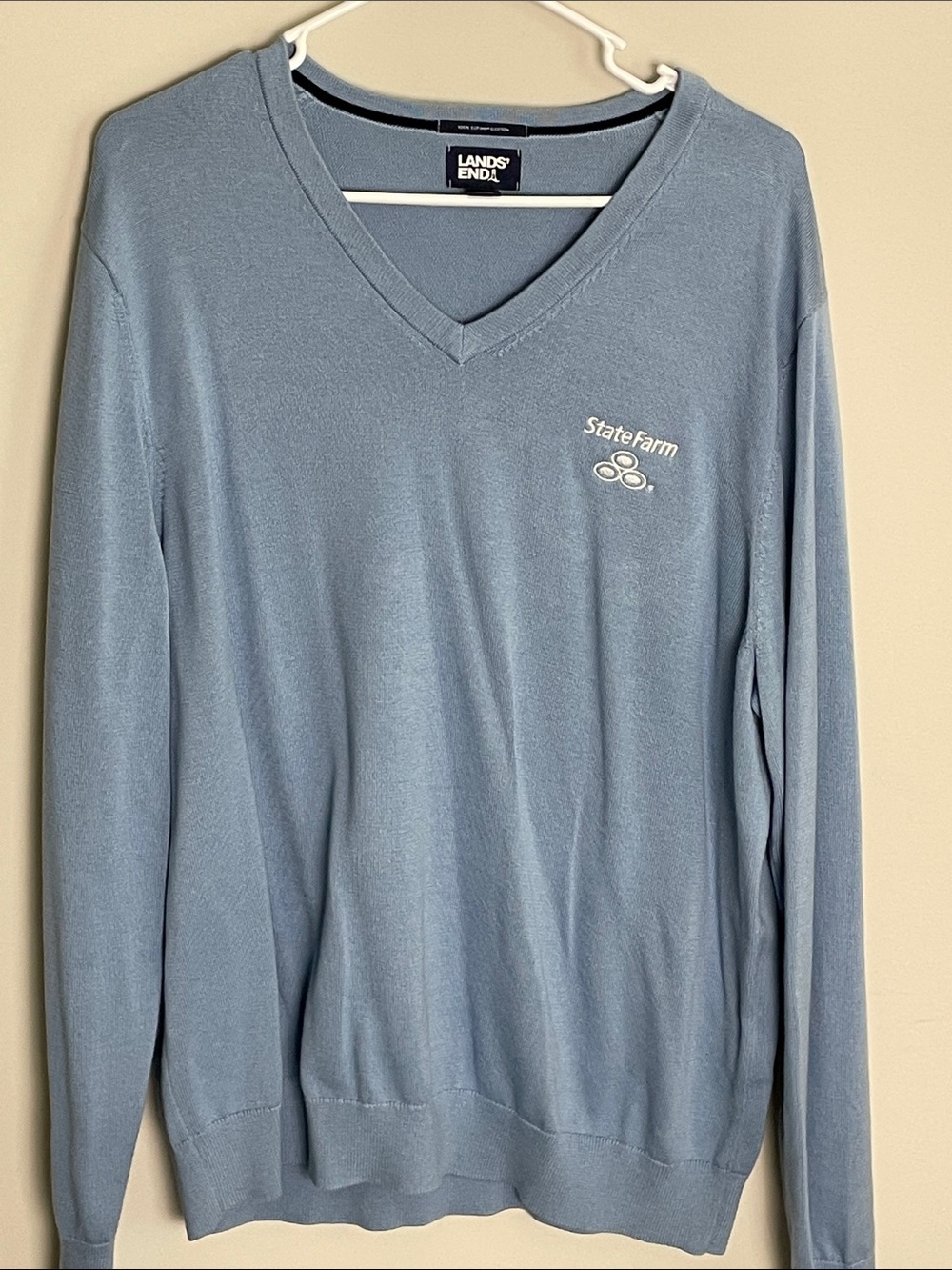 Lands' End Men's V-Neck Sweater in Light Blue with White State Farm Logo